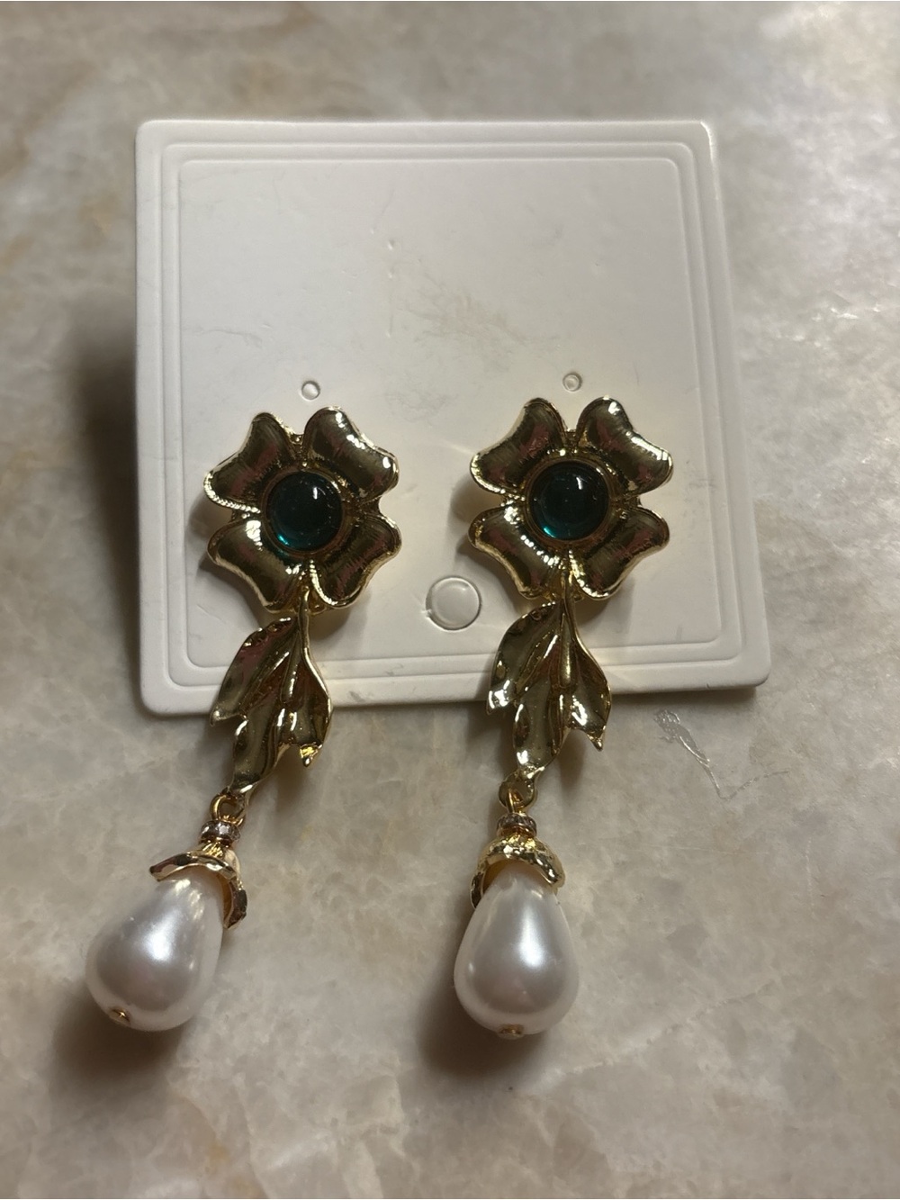 Gold Floral Drop Earrings with Pearl Teardrops - Women Jewelry